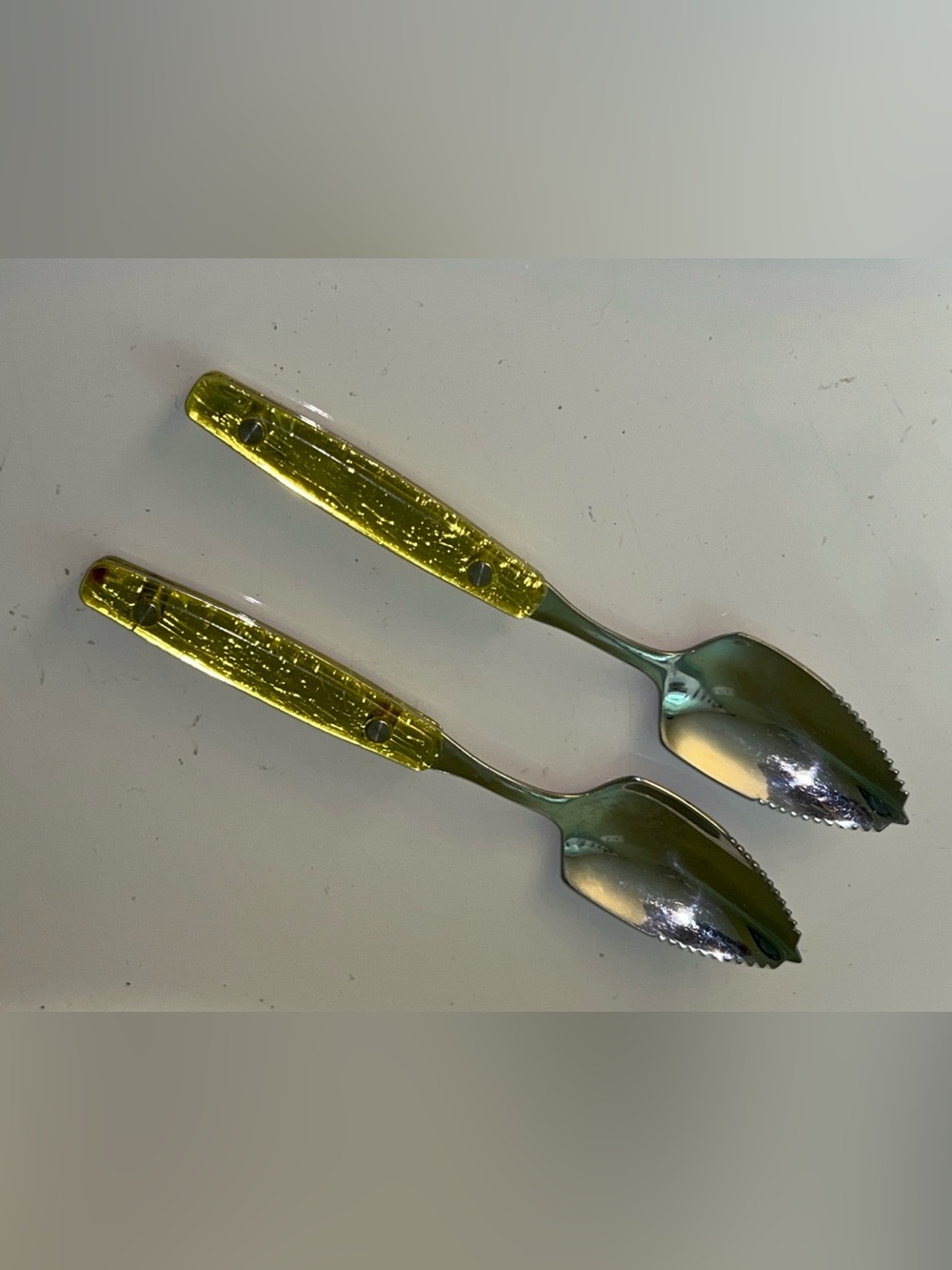 Grapefruit Spoons Vintage Stainless Steel Serrated Tips and Yellow Resin Handles